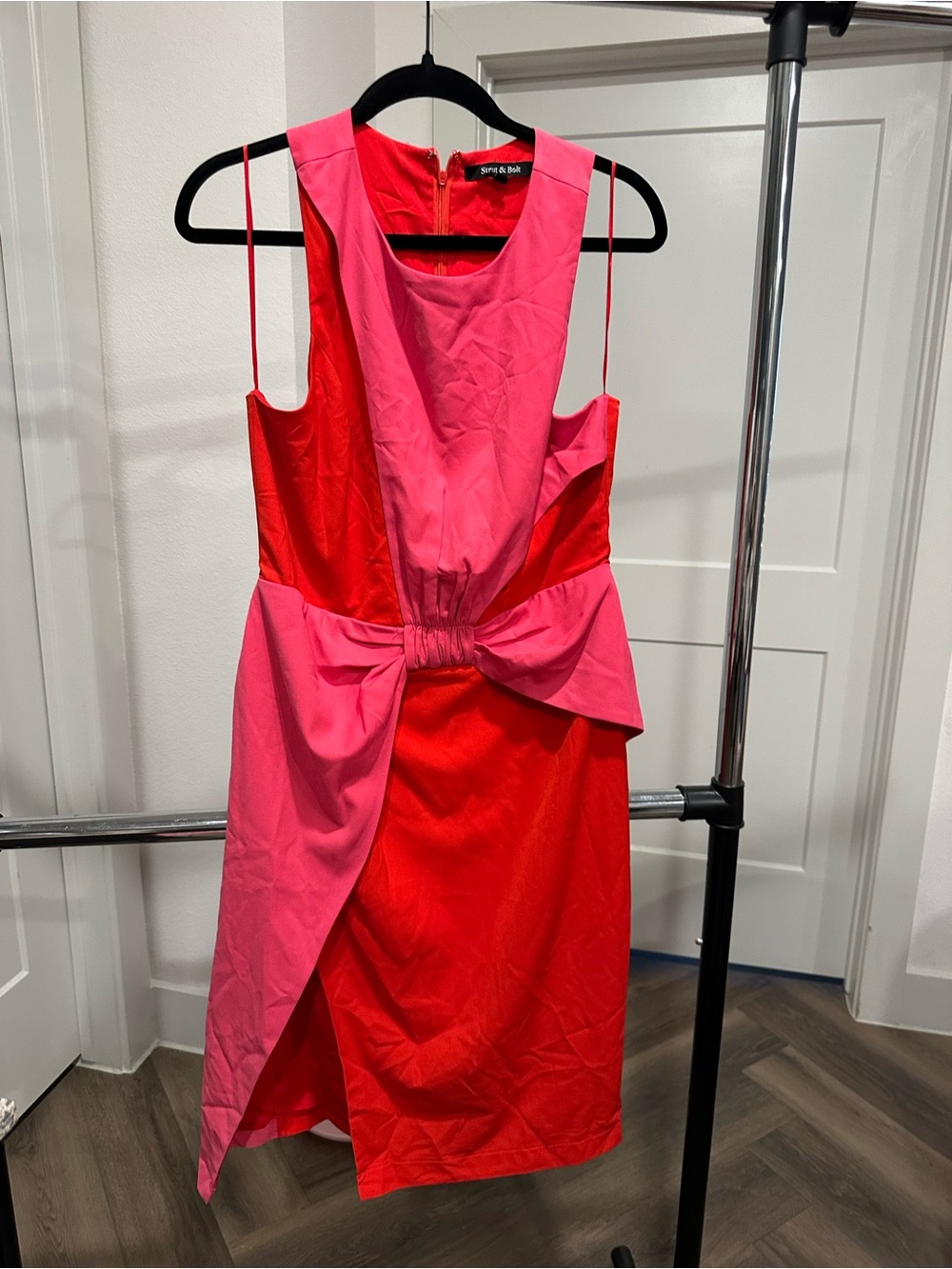 Pink and Red Bow-Front Midi Dress